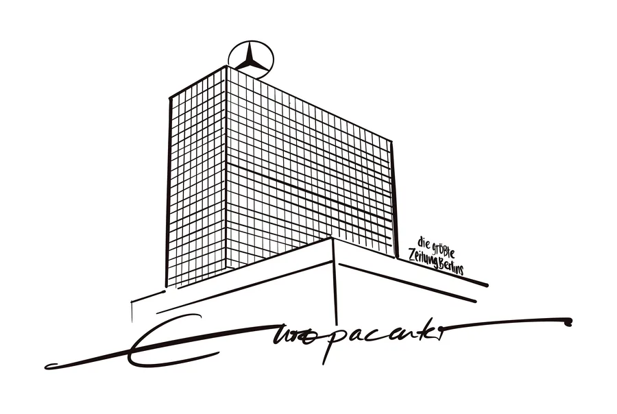 Eine Zeichnung des Europa-Centers, die in einen Schriftzug übergeht